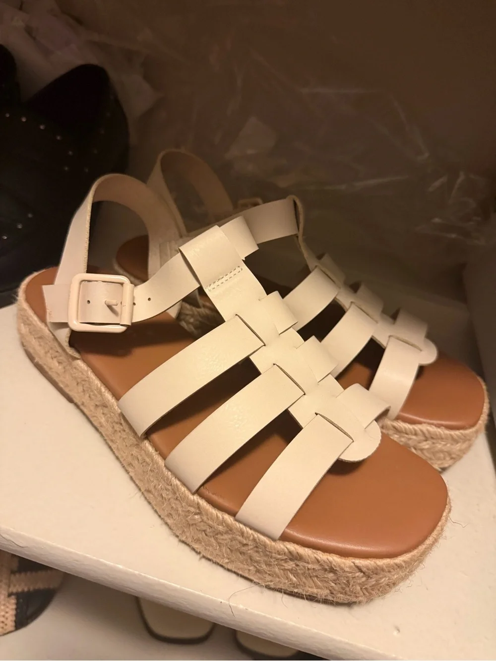 American Eagle Outfitters Cream Woven Platform Espadrille Sandals